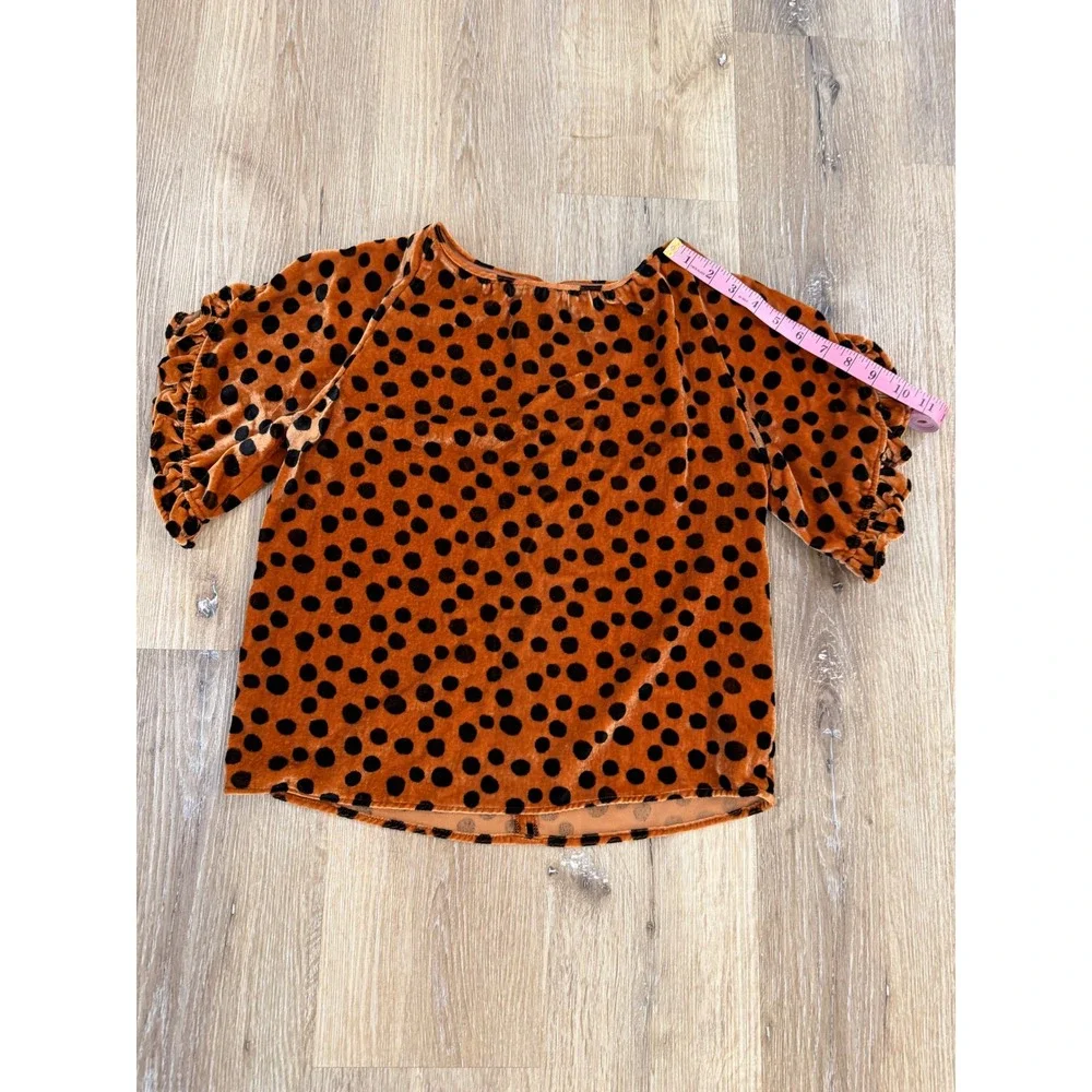 Madewell Velvet Top Womens XS Burnt Orange Polka Dot Ruffle Sleeve Excellent‎